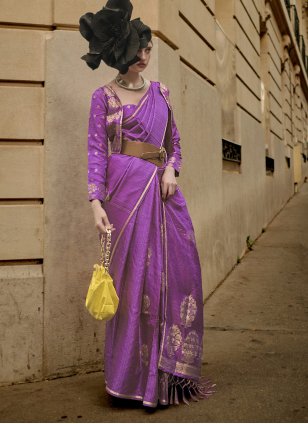Purple Tissue Weaving Trendy Sari