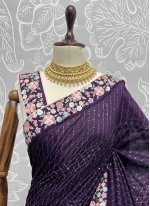 Purple Vichitra Silk Embroidered Contemporary Saree