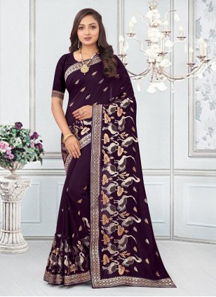 Purple Vichitra Silk Embroidered Designer Saree