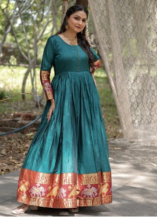 Floor Length Heavy Work Gown In Rama Green | Gowns, Wedding reception gowns,  Indian wedding gowns