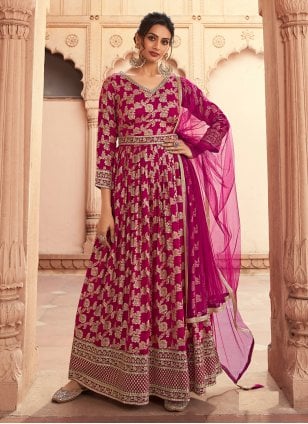 Embroidered Cotton Beige Anarkali Gown with Printed Jacket LSTV119216