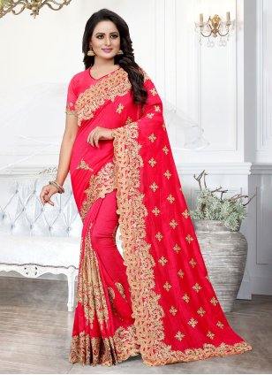 Rani Silk Embroidered Designer Sari