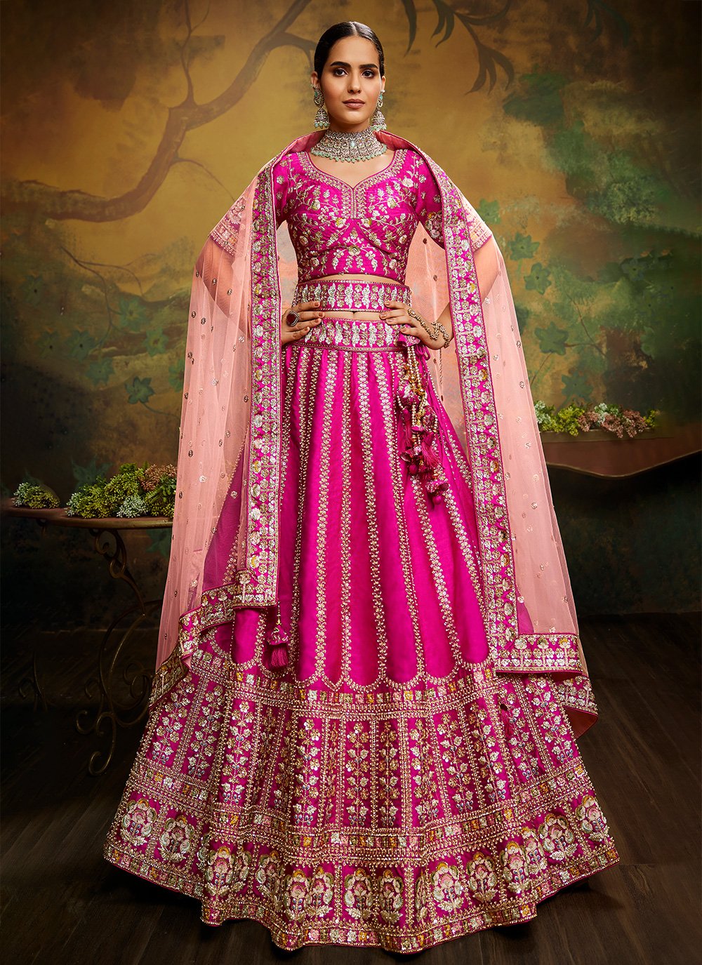 Rani Pink Color Sequins and Thread Embroidery Work Georgette