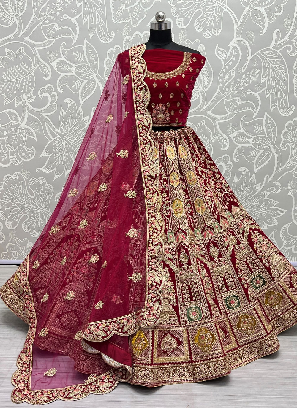 Velvet Wedding Bridal Lehenga Choli Coding Work In Rani Pink Color