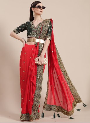 Red Art Silk Embroidered Traditional Saree