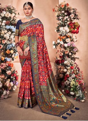 Red Art Silk Foil Print Designer Sari