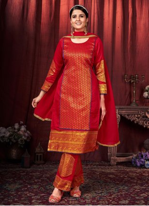 Red Art Silk Woven Readymade Salwar Suits