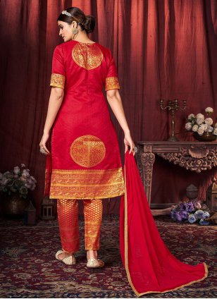 Red Art Silk Woven Salwar suit