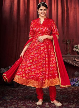 Red Art Silk Woven Trendy Salwar Suits