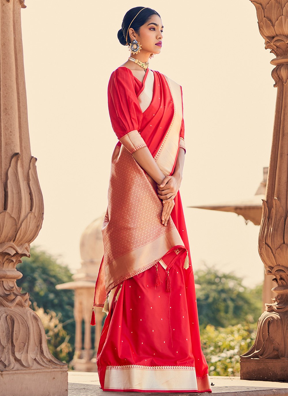 Red Banarasi Silk Weaving Contemporary Saree