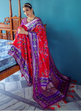 Red Banarasi Silk Woven Contemporary Sari