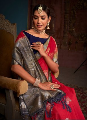 Red Banarasi Woven Contemporary Sari