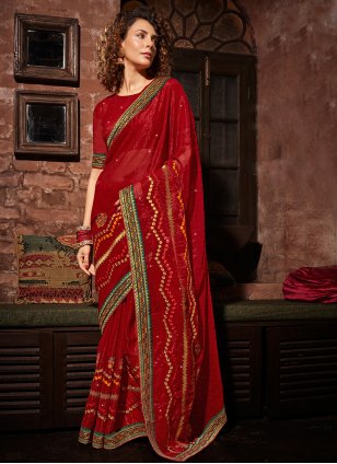 Red Chinon Embroidered Contemporary Sari