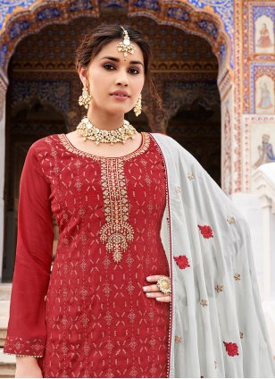 Red Chinon Embroidered Palazzo Salwar Suit