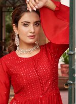 Red Chinon Embroidered Designer Salwar Suit