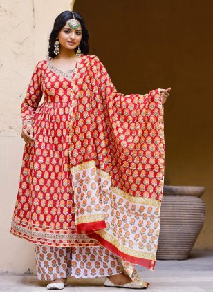 Red Cotton  Digital Print Palazzo Readymade Salwar Suit