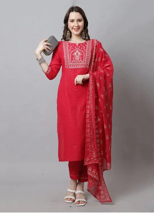 Red Cotton  Embroidered Pant Style Suit