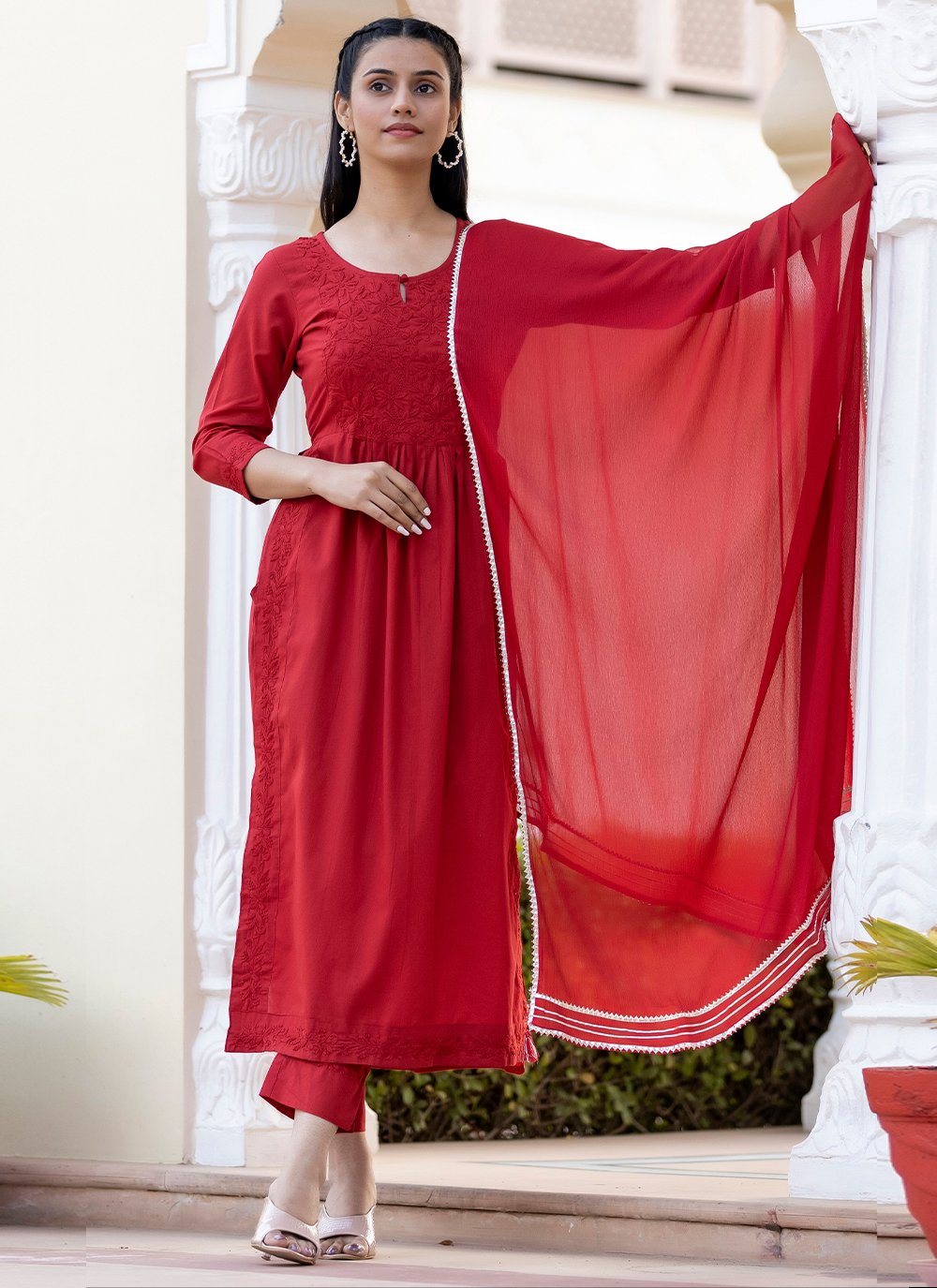 Dazzling Light Red Color Heavy Georgette With Embroidered Neck Salwar Suit  | Designer dresses indian, Stylish dresses, Indian designer outfits
