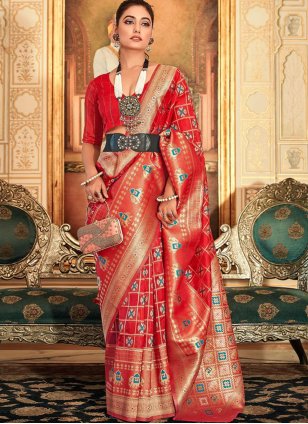 Red Embroidered Silk Traditional Saree