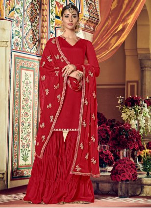 Red Georgette Embroidered Palazzo Salwar Suit