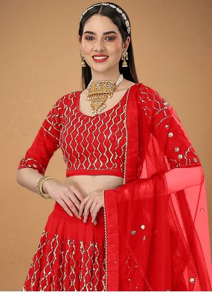 Red Georgette Embroidered Trendy Ghagra Choli for Wedding
