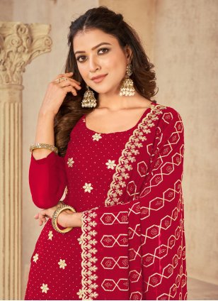 Red Georgette Embroidered Trendy Salwar Kameez