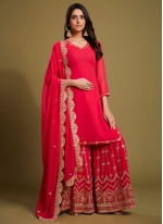 Red Georgette Sequins Palazzo Salwar Suit