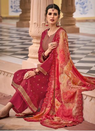 Red Jacquard Embroidered Trendy Salwar Suits for Wedding
