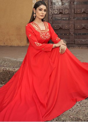 
                            Red Muslin Embroidered Readymade Gown