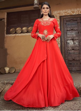 Red Muslin Embroidered Readymade Gown