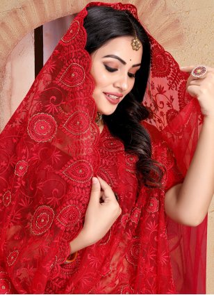 Red Net Embroidered Contemporary Sari