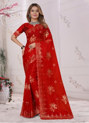 Red Organza Diamond Classic Sari