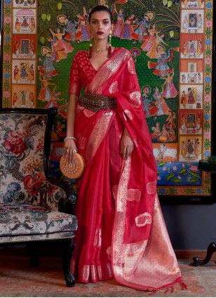 Red Organza Weaving Trendy Sari