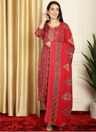 Red Pashmina Flower Print Salwar suit