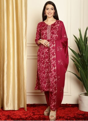 Red Pashmina Geometric Print Salwar suit