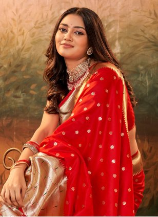 Red Pure Silk Weaving Designer Sari