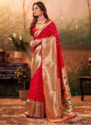 Red Pure Silk Weaving Traditional Saree