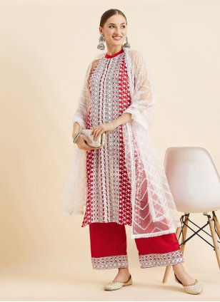 Red Rayon Embroidered Palazzo Salwar Suit