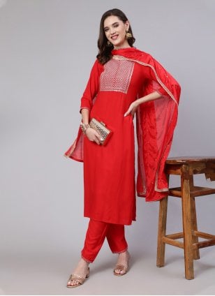Red Rayon Embroidered Pant Style Suit