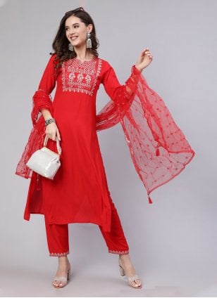 Red Rayon Embroidered Readymade Salwar Kameez