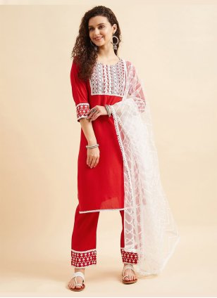 Red Rayon Embroidered Readymade Salwar Suits
