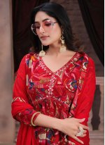 Red Rayon Hand Work Readymade Salwar Suits