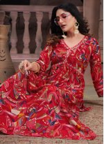 Red Rayon Hand Work Readymade Salwar Suits