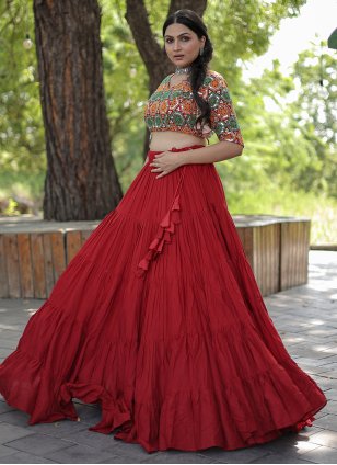 Red Simple Crop Top Lehenga For Wedding Party 2023
