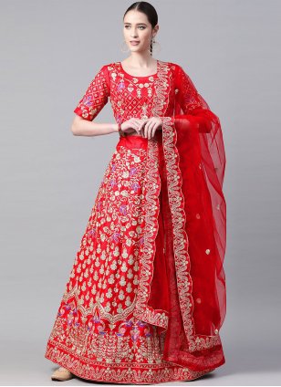 Red Designer Satin Embroidered Lehenga Choli for Wedding