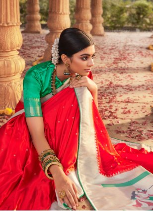 Red Satin Weaving Contemporary Saree