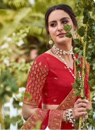 Red Shimmer Embroidered Classic Saree