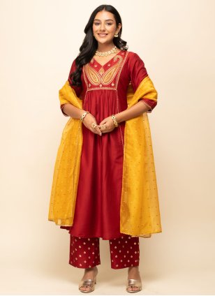 Red Silk Blend Embroidered Readymade Salwar Kameez