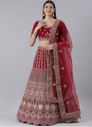 Red Silk Embroidered A - Line Lehenga Choli for Bride