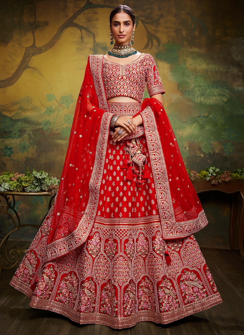 Red silk embroidered bridal lehenga choli 912A